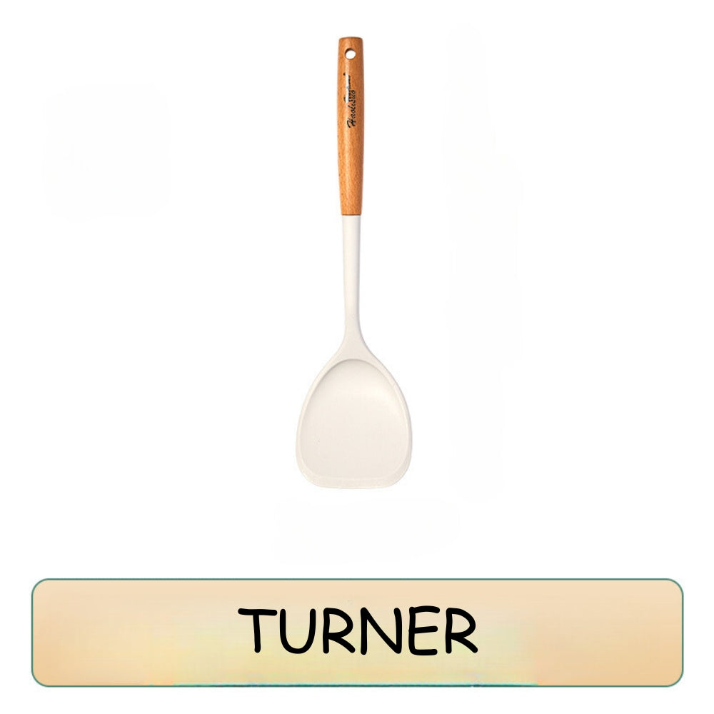 Locaupin High Quality Food Grade Silicone Cooking Utensils Kitchenware Spoon Ladle Turner With Wooden Handle Non Stick Cookware