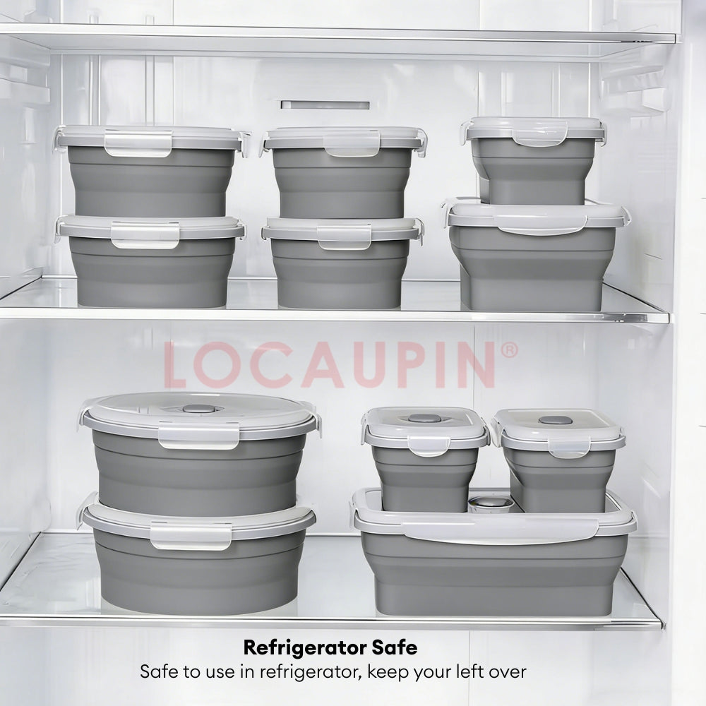 LOCAUPIN Foldable Sealed Silicone Food Storage Container Lunch Box with Lid and Air Valve Collapsible Kitchen Storage