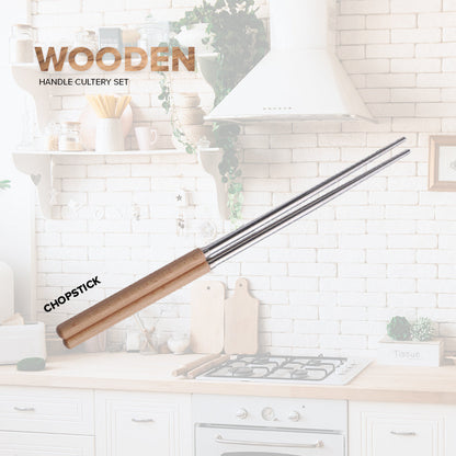 Locaupin Tableware Bamboo Handle Stainless Steel Cutlery Spoon Two Prong Fork Fruit Cake Knife Chopsticks Teaspoon Salad Appetizer Dinner Dish