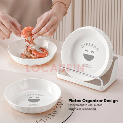 LOCAUPIN 6pcs Plates Set with Plates Storage Organizer Kitchenware Dish Rack Round Square Plastic Plate Dinnerware Set