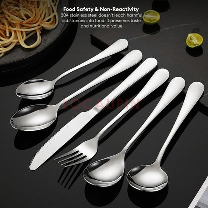 LOCAUPIN 304 Stainless Steel Wide Rounded Handle Utensil Set Spoon and Fork High Quality Cutlery Set Kitchen Tableware