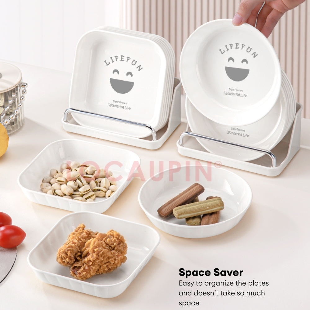 LOCAUPIN 6pcs Plates Set with Plates Storage Organizer Kitchenware Dish Rack Round Square Plastic Plate Dinnerware Set