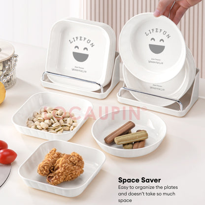 LOCAUPIN 6pcs Plates Set with Plates Storage Organizer Kitchenware Dish Rack Round Square Plastic Plate Dinnerware Set