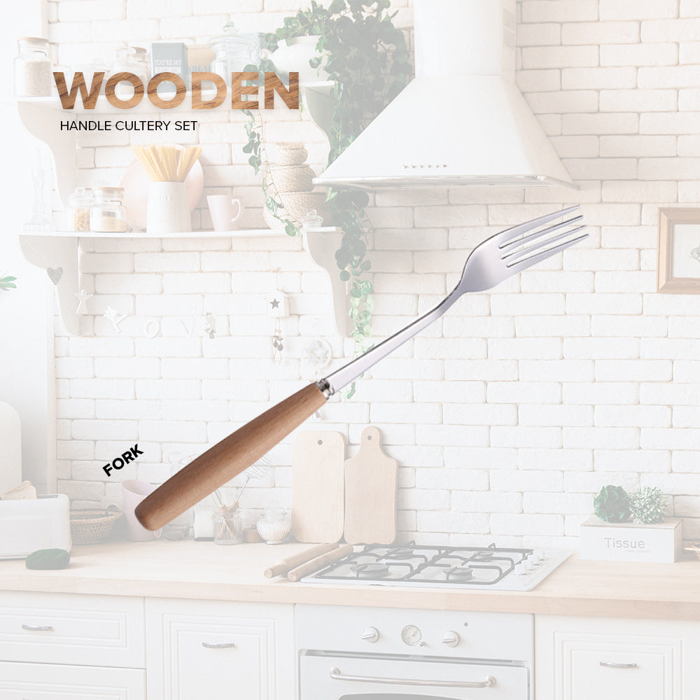 Locaupin Tableware Bamboo Handle Stainless Steel Cutlery Spoon Two Prong Fork Fruit Cake Knife Chopsticks Teaspoon Salad Appetizer Dinner Dish
