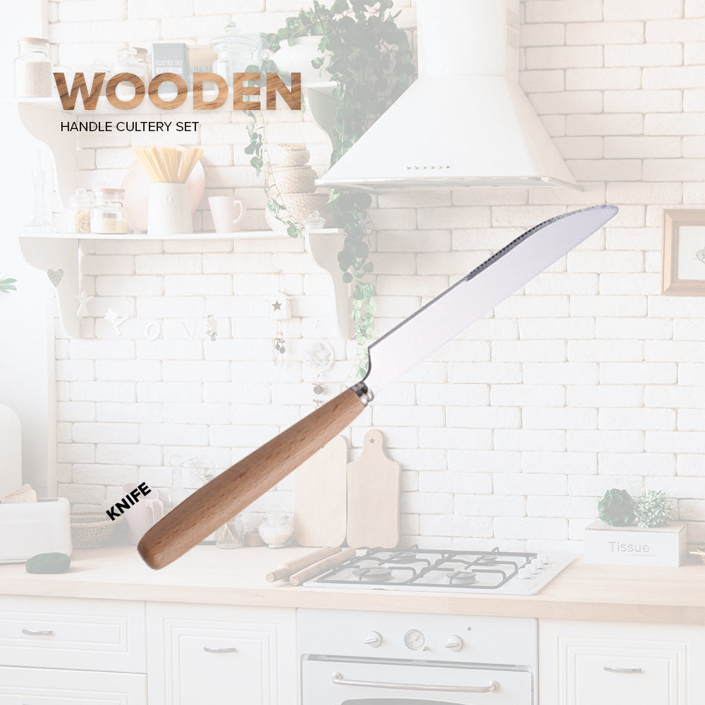 Locaupin Tableware Bamboo Handle Stainless Steel Cutlery Spoon Two Prong Fork Fruit Cake Knife Chopsticks Teaspoon Salad Appetizer Dinner Dish