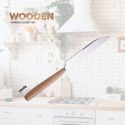 Locaupin Tableware Bamboo Handle Stainless Steel Cutlery Spoon Two Prong Fork Fruit Cake Knife Chopsticks Teaspoon Salad Appetizer Dinner Dish