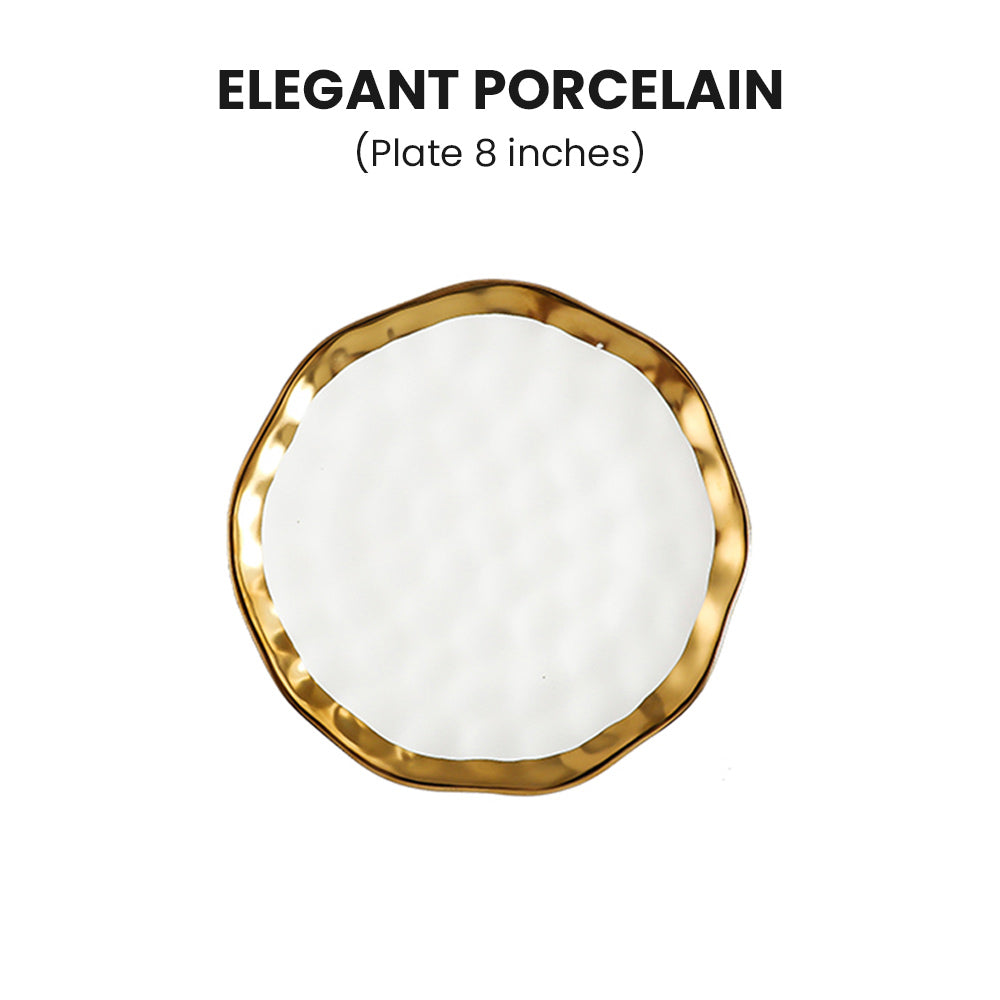 Locaupin Golden Rim Elegant Textured Porcelain Tableware Pasta Bowl Luxury Dinner Plate Party Wedding Dessert Steak Serving Dish