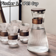 Load image into Gallery viewer, Locaupin Modern Striped Patterned Borosilicate Glass Pitcher and Cup Set with Wooden Lid and Ring Heat and Cold Resistant Jug
