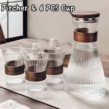 Load image into Gallery viewer, Locaupin Modern Striped Patterned Borosilicate Glass Pitcher and Cup Set with Wooden Lid and Ring Heat and Cold Resistant Jug
