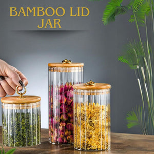 LOCAUPIN Bamboo Lid Ribbed Texture Cereal Canister Food Organizer Multipurpose Glass Jar with Ring