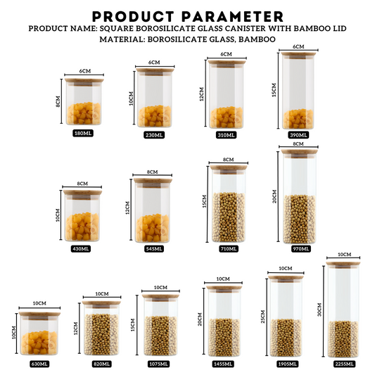 Locaupin Square Borosilicate Glass Canister with Bamboo Lid Airtight Food Jar Storage Transparent Kitchen Pantry Sealed Container