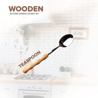 Locaupin Stainless Steel Bamboo Handle Silverware Cutlery Utensils Spoon Knife Two Prong Fruit Fork Teaspoon Dining Table Serving Dish Dessert Appetizer