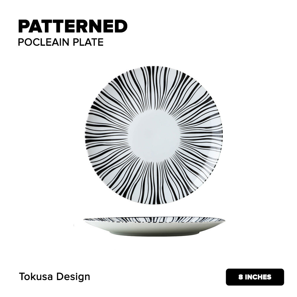 Locaupin Porcelain Dessert Dinner Plate Black and White Stripe Pattern Dinnerware For Salad Steak Pasta Serving Dish Microwave Safe