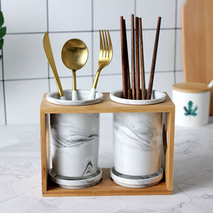 Locaupin Nordic Porcelain Kitchen Utensils Cutlery Holder Rack Chopstick Spoon Fork Jar Container Bamboo Cage Storage with Drainer