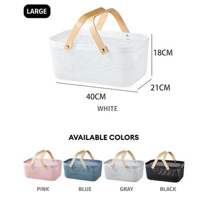 Locaupin Set of Plastic Mesh Basket with Wooden Handle Cosmetic Organizer Kitchen Fruit Vegetable Storage Multifunctional Salon Spa Shopping Bin