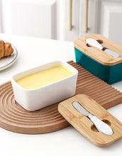 Load image into Gallery viewer, Locaupin Porcelain Butter Keeper Container with Bamboo Lid and Knife Easy Spread Cream Cheese Fresh Keeping Dish Storage
