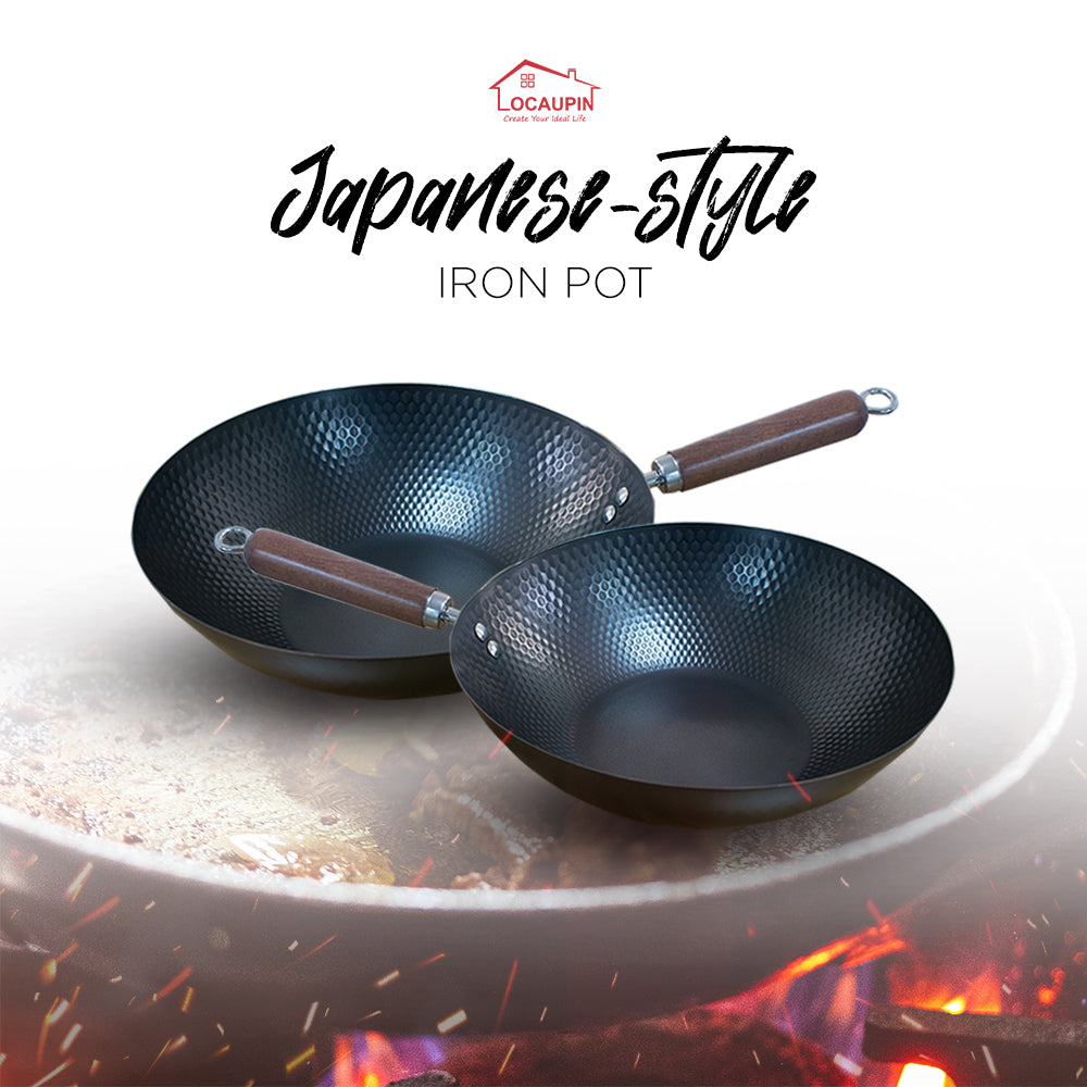 Locaupin Japanese Style Iron Pot Non-Stick Coating Cookware Frying Pan Wood Handle Flat Bottom Hammered Texture Suitable for All Stove
