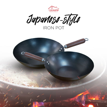 Locaupin Japanese Style Iron Pot Non-Stick Coating Cookware Frying Pan Wood Handle Flat Bottom Hammered Texture Suitable for All Stove