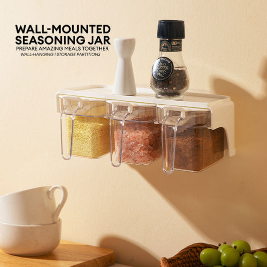 Locaupin 3pcs Seasoning Jars with Spoon Wall Mounted Detachable Kitchen Condiment Organizer Spice Salt Sugar Storage Container