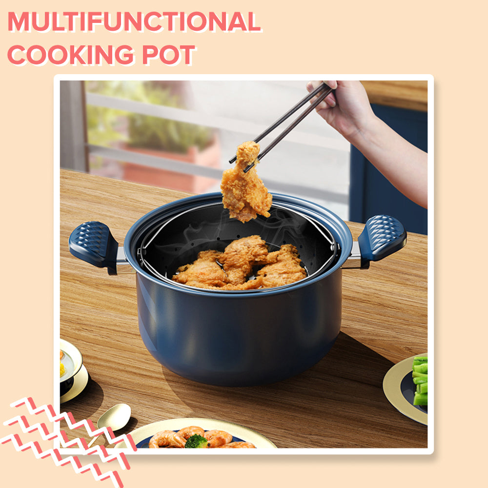 Locaupin NEW Multipurpose Carbon Steel Glass Lid Pasta Vegetable Cooking Pot with Strainer Easy Drain Food Non Stick Coating Kitchen Cookware Pan