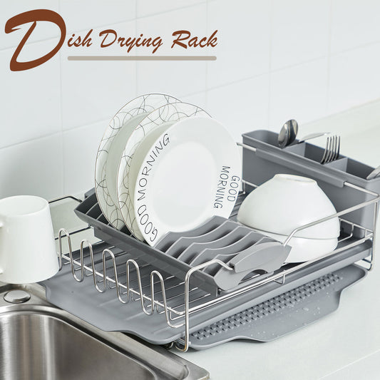 Locaupin Kitchen Sink Organizer Plate Cup Dish Drying Rack Removable Drain Tray Board with Utensil Cutlery Holder