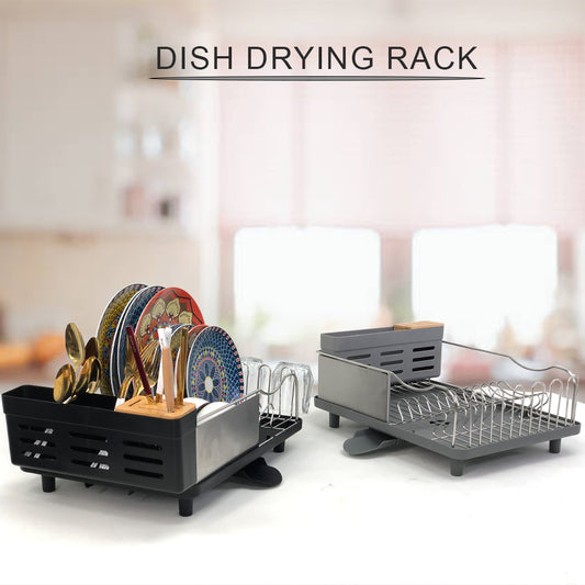 Locaupin Kitchen Sink Counter Dish Rack with Removable Drainer Spout Easy Drying Plates Storage Tray Utensil Holder