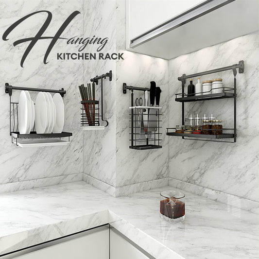 Locaupin Wall Mounted Kitchen Rack Space Saving Hanging Organizer Utensil Knives Holder Pot Lid Shelf Plates Storage Rod with Hooks