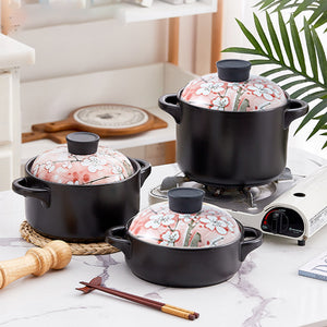 Locaupin Japanese Style Sakura Design Kitchen Porcelain Casserole Cooking Soup Pot with Lid and Handle Heat Resistant Dinner Serving Bowl