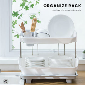 Locaupin 2 Tier Dish Drainer Plate Rack with Drain Board and Utensil Holder Over the Sink Kitchen Countertop Organizer