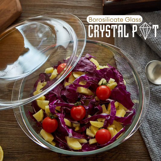 Locaupin Clear Borosilicate Glass Oven Safe Serving Casserole Dish Baking Round Covered Salad Bowl with Handle