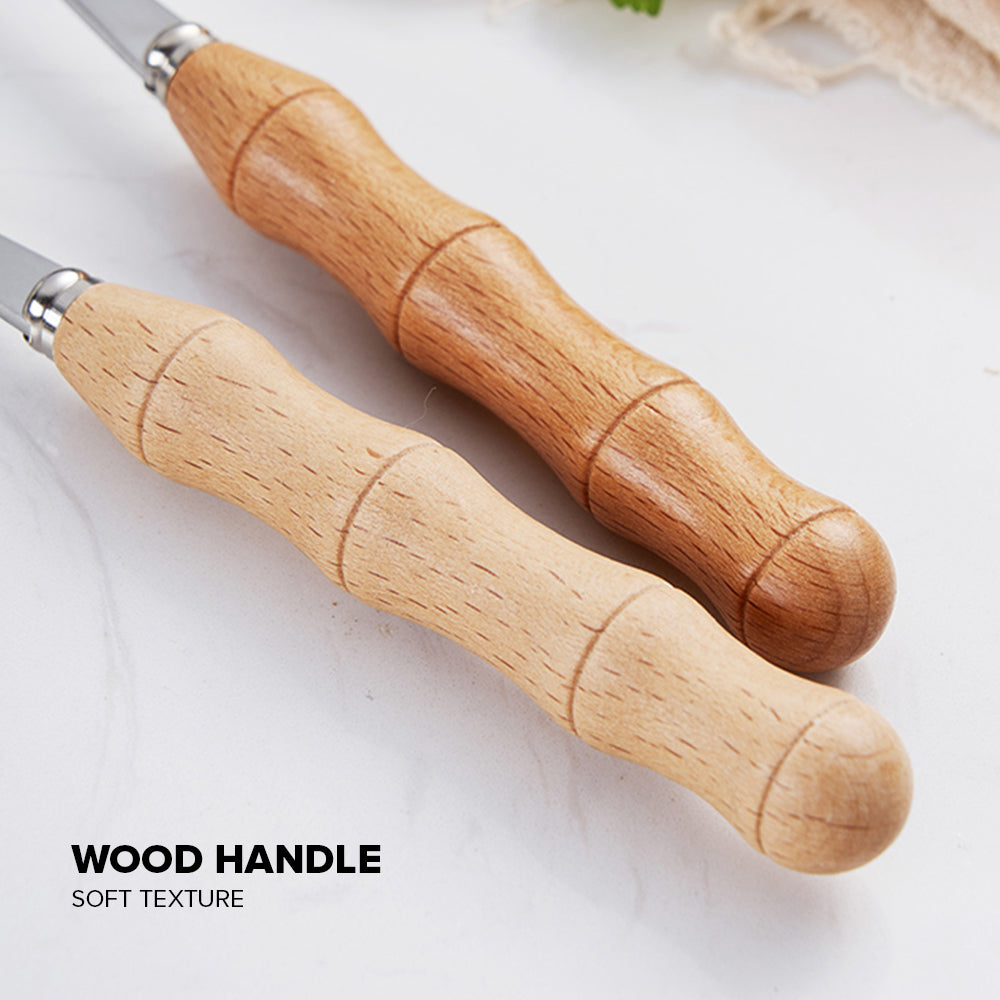 Locaupin Stainless Steel Bamboo Handle Silverware Cutlery Utensils Spoon Knife Two Prong Fruit Fork Teaspoon Dining Table Serving Dish Dessert Appetizer