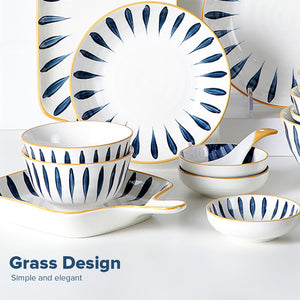 Locaupin Grass Pattern Japanese Style Porcelain Tableware Dining Plate Dip Sauce Compartment Pasta Soup Bowl Serving Dish Platter Dessert Saucer