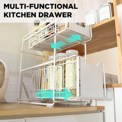 Two Tier Kitchen Drawer Design Organizer Metal Sliding Storage for Bottled Condiments and Bathroom Essentials (Large)