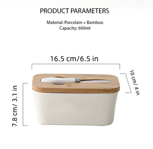 Locaupin Porcelain Butter Keeper Container with Bamboo Lid and Knife Easy Spread Cream Cheese Fresh Keeping Dish Storage