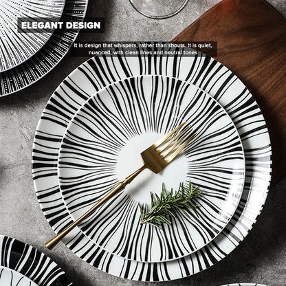 Locaupin Porcelain Dessert Dinner Plate Black and White Stripe Pattern Dinnerware For Salad Steak Pasta Serving Dish Microwave Safe