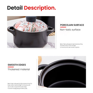 Locaupin Japanese Style Sakura Design Kitchen Porcelain Casserole Cooking Soup Pot with Lid and Handle Heat Resistant Dinner Serving Bowl