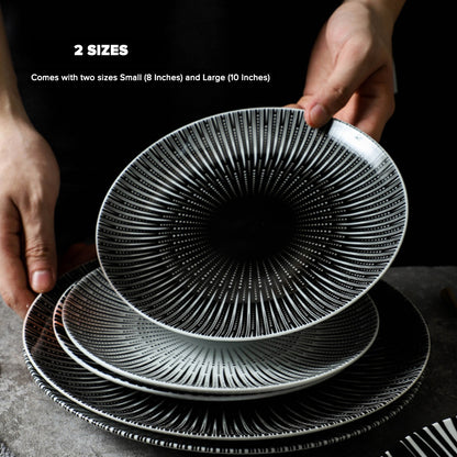 Locaupin Porcelain Dessert Dinner Plate Black and White Stripe Pattern Dinnerware For Salad Steak Pasta Serving Dish Microwave Safe
