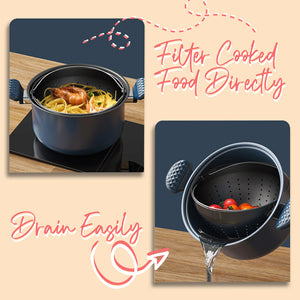 Locaupin NEW Multipurpose Carbon Steel Glass Lid Pasta Vegetable Cooking Pot with Strainer Easy Drain Food Non Stick Coating Kitchen Cookware Pan