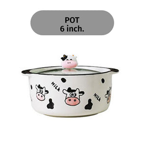 Locaupin Cute Cow Design Porcelain Dinnerware Dumpling Plate Soup Noodle Bowl Appetizer Snack Saucer Serving Dish Pot