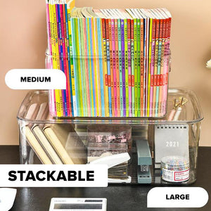 Locaupin Stackable Multifunctional Anti Slip Transparent Home Organizer Book Storage Cosmetic Box Stationery Caddy Closet Cabinet Container With Lid
