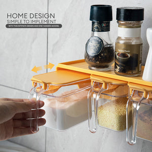 Locaupin 3pcs Seasoning Jars with Spoon Wall Mounted Detachable Kitchen Condiment Organizer Spice Salt Sugar Storage Container