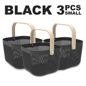 Locaupin Set of Plastic Mesh Basket with Wooden Handle Cosmetic Organizer Kitchen Fruit Vegetable Storage Multifunctional Salon Spa Shopping Bin