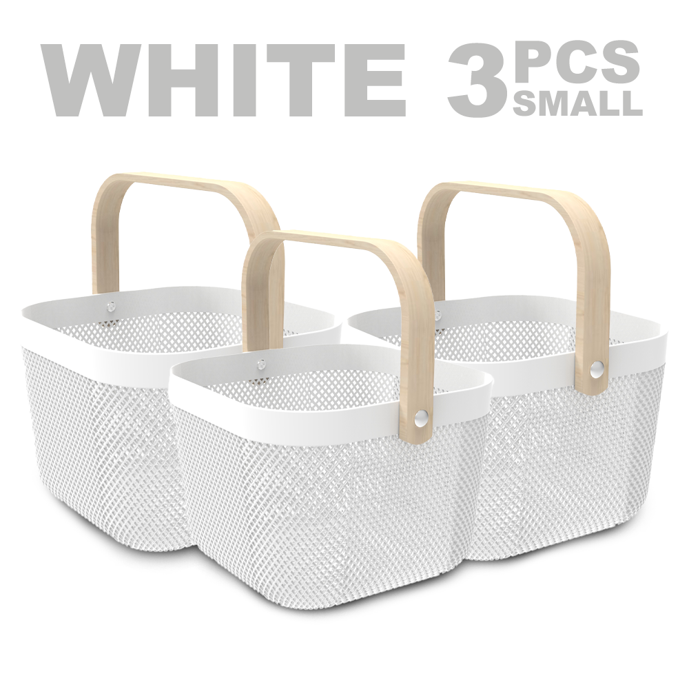 Locaupin Plastic Mesh Basket with Wooden Handle Cosmetic Organizer Kitchen Fruit Vegetable Storage Multifunctional Salon Spa Shopping Bin