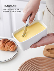 Locaupin Porcelain Butter Keeper Container with Bamboo Lid and Knife Easy Spread Cream Cheese Fresh Keeping Dish Storage