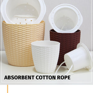 Locaupin Rattan Design Round Flower Pot Lazy Self Watering Planter Absorbent Wicking Rope Inner Water Storage For Plants Herbs