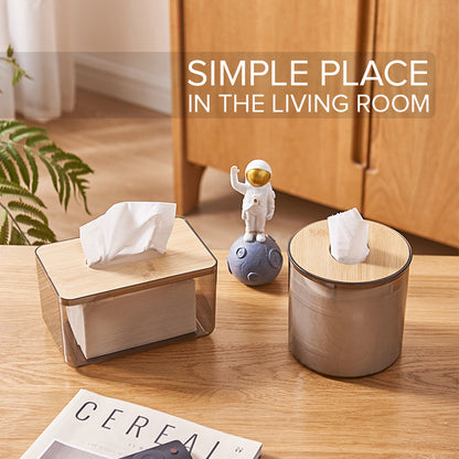 Locaupin Minimalist Clear Tissue Box Dispenser with Bamboo Lid Facial Dryer Sheet Organizer Bathroom Countertop Napkin Holder
