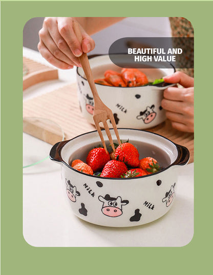 Locaupin Cute Cow Design Porcelain Dinnerware Dumpling Plate Soup Noodle Bowl Appetizer Snack Saucer Serving Dish Pot
