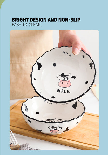 Locaupin Cute Cow Design Porcelain Dinnerware Dumpling Plate Soup Noodle Bowl Appetizer Snack Saucer Serving Dish Pot