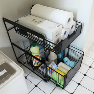 Two Tier Kitchen Drawer Design Organizer Metal Sliding Storage for Bottled Condiments and Bathroom Essentials (Large)