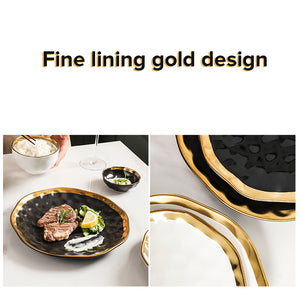 Locaupin Golden Rim Elegant Textured Porcelain Tableware Pasta Bowl Luxury Dinner Plate Party Wedding Dessert Steak Serving Dish